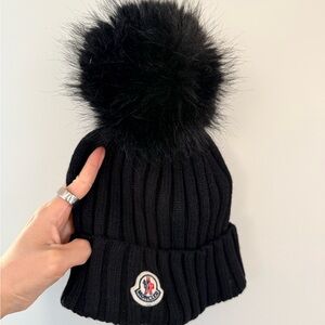 Moncler Kids Black Knit Hat with Pom-Pom